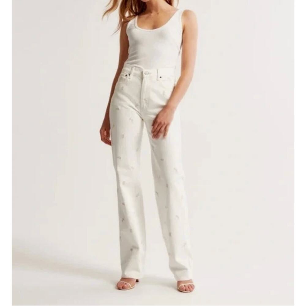 Abercrombie & Fitch High Rise Super Skinny Ankle White Embroidered Flower Size 2